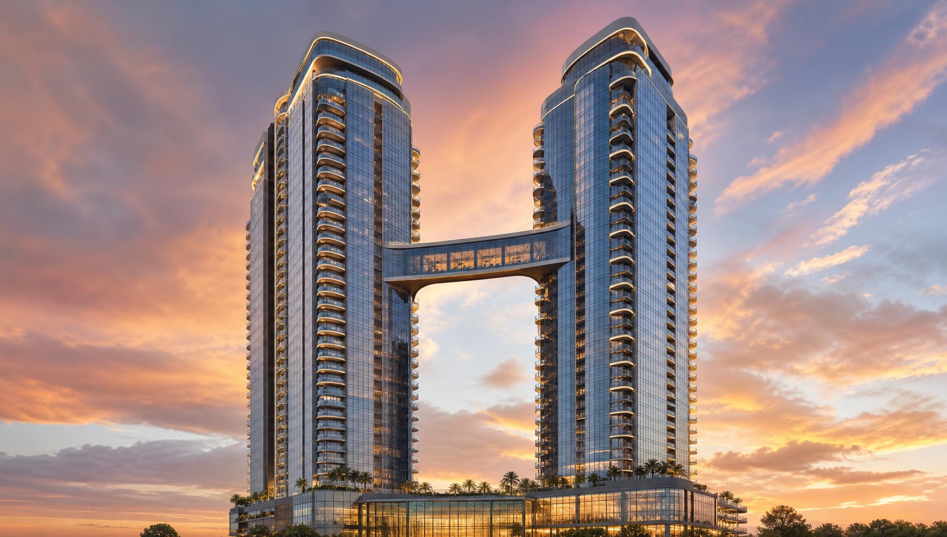 Twin luxury tower at golden hour
